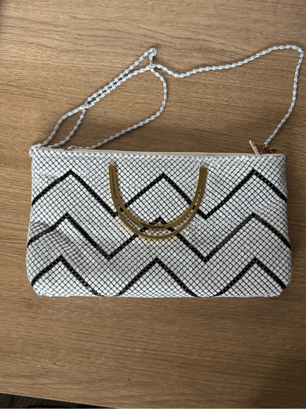 Vintage Jotta Mesh Chevron Pattern White Crossbody with Gold Accents and handles
